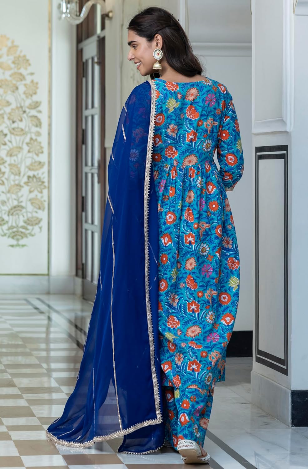 Janasya Women's Sky Blue Cotton Embellished Ethnic Printed Kurta with Flared Palazzo and Dupatta