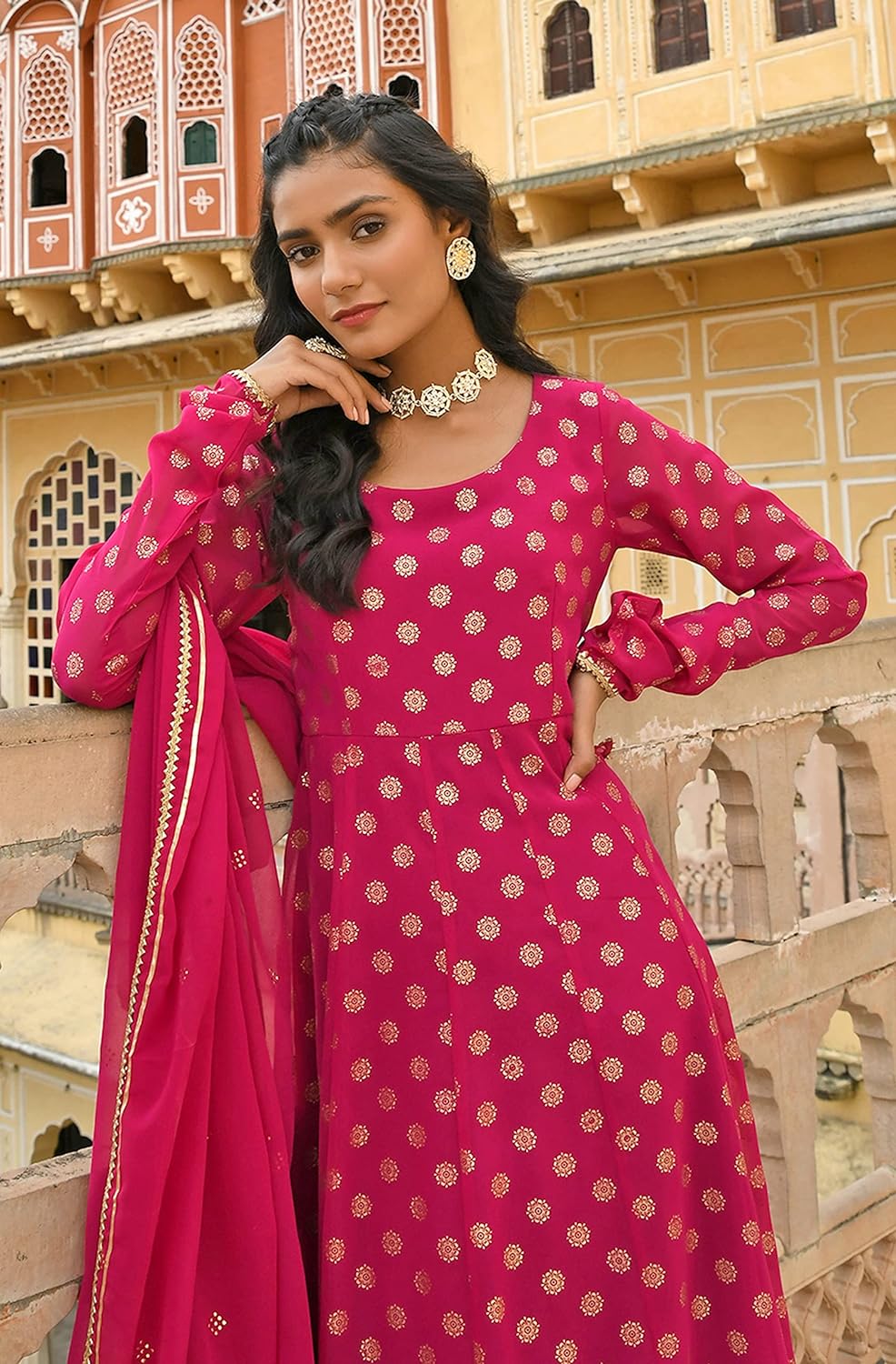 Janasya Women's Bright Pink Georgette Foil Print Kurta with Dupatta