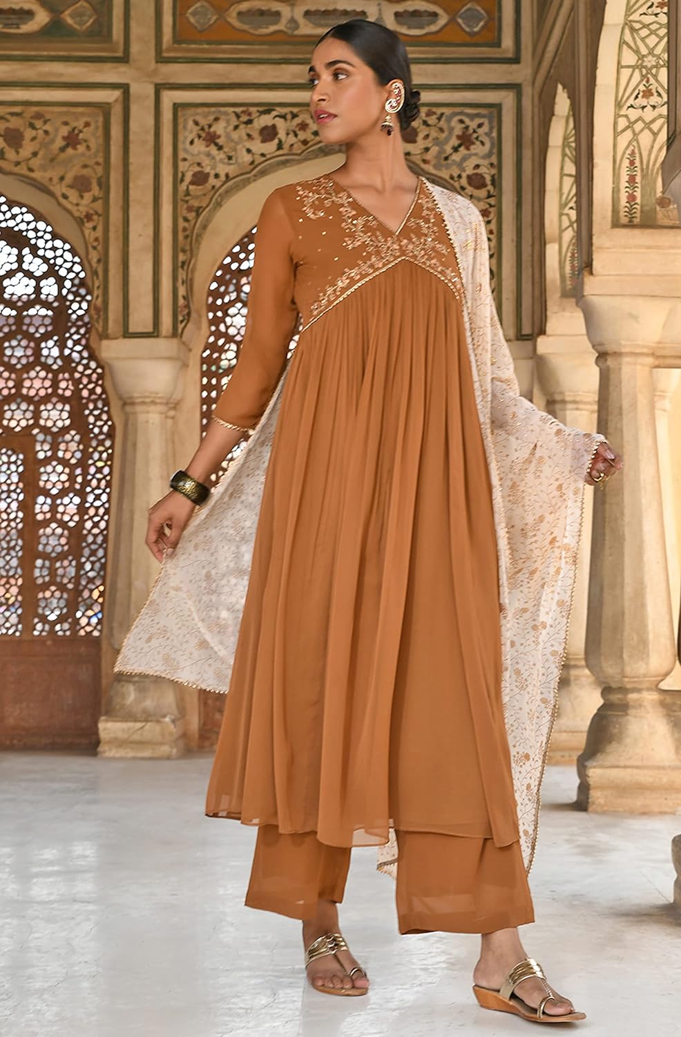 Janasya Women's Brown Georgette Floral Embroidery Kurta with Palazzo and Dupatta