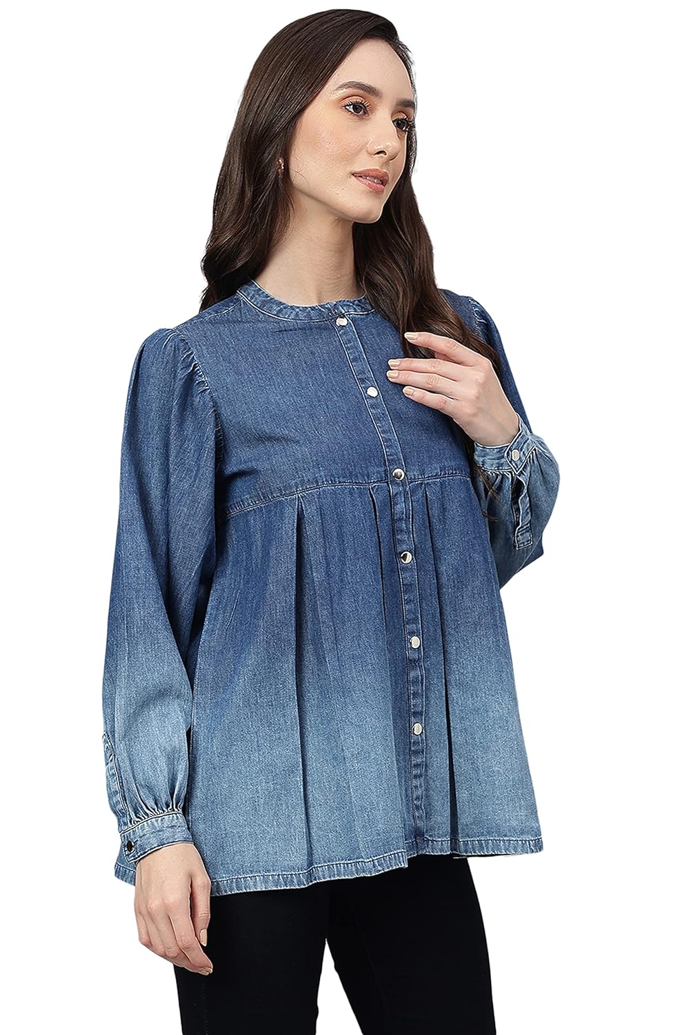 Janasya Women's Blue Denim Faded Flared Top