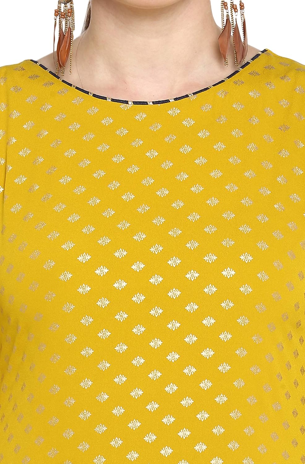 Janasya Women's Mustard Poly Crepe Gold Print Kurta with Pant and Dupatta