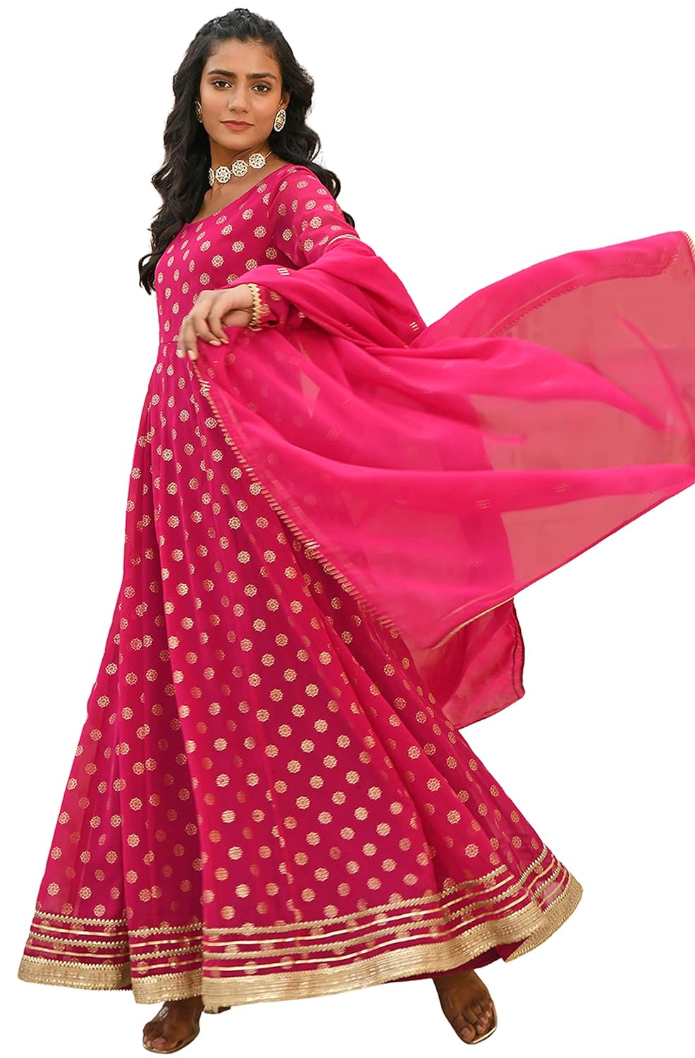 Janasya Women's Bright Pink Georgette Foil Print Kurta with Dupatta