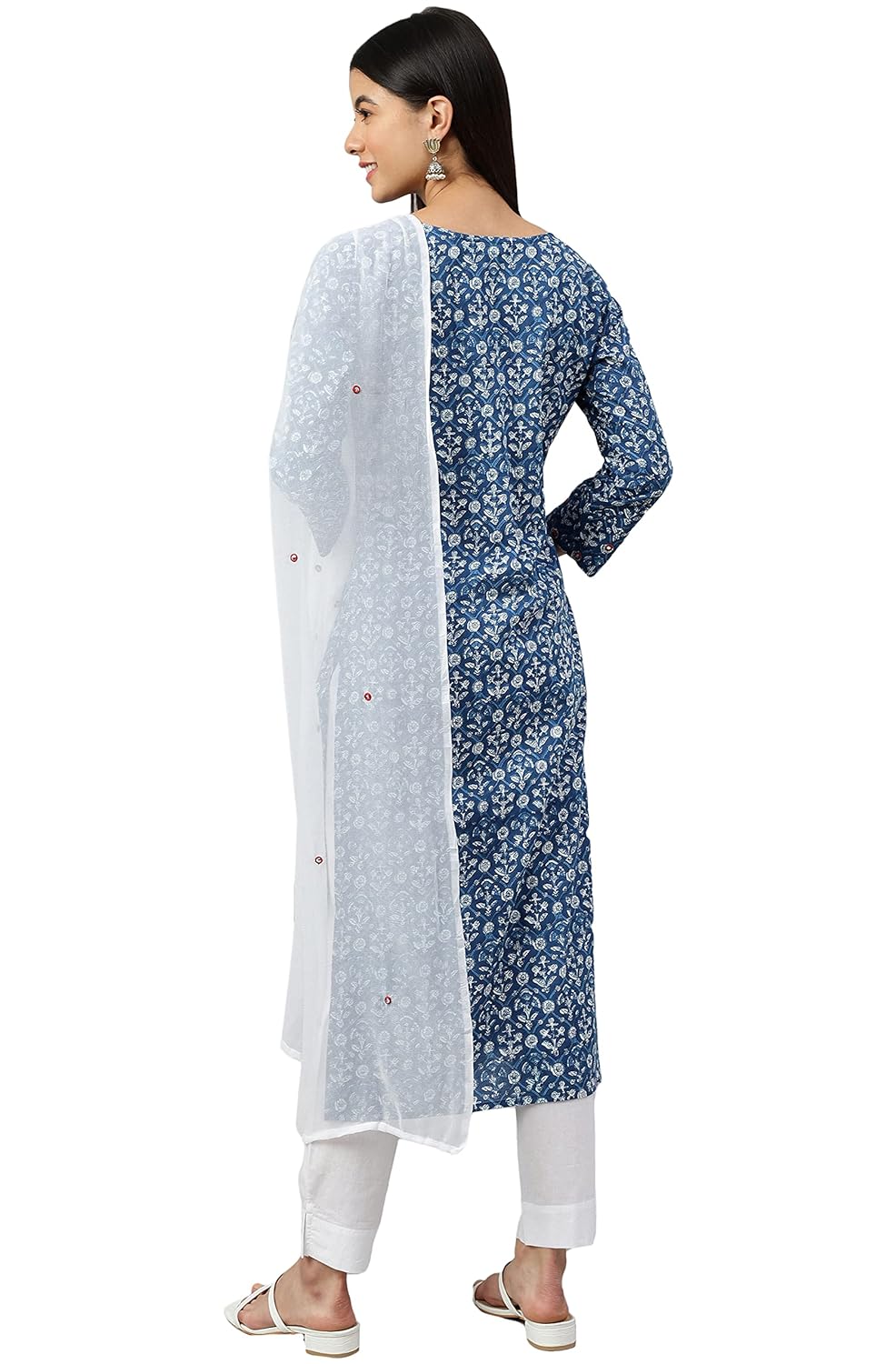 Janasya Women's Navy Blue Cotton Floral Print Kurta with Pant and Dupatta