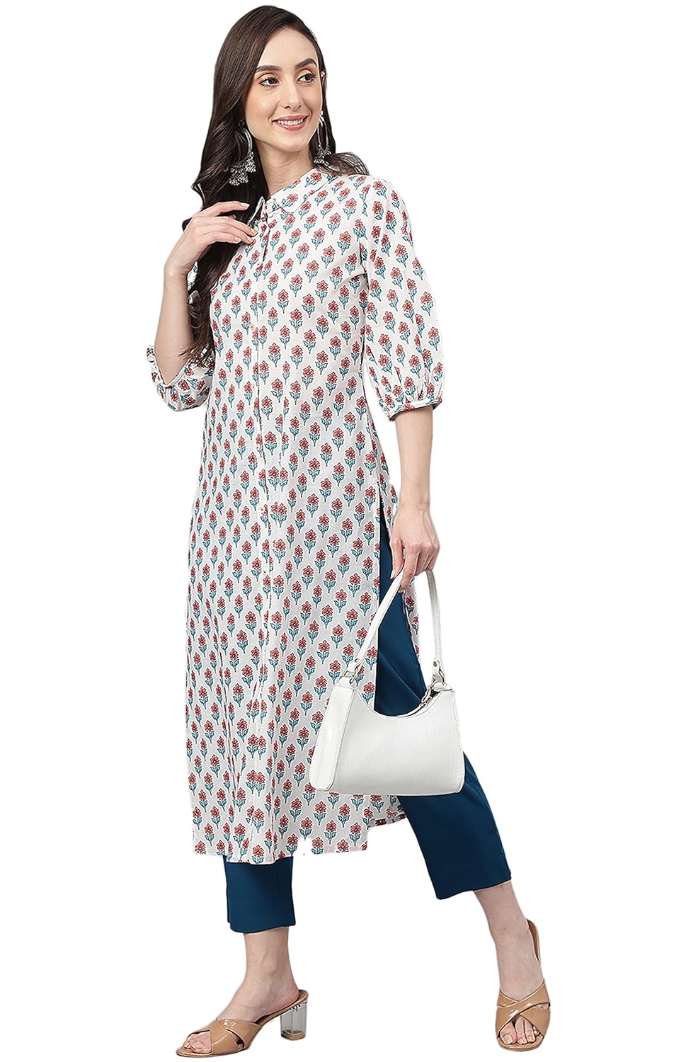 Janasya Women's White Cotton Floral Print Straight Kurta