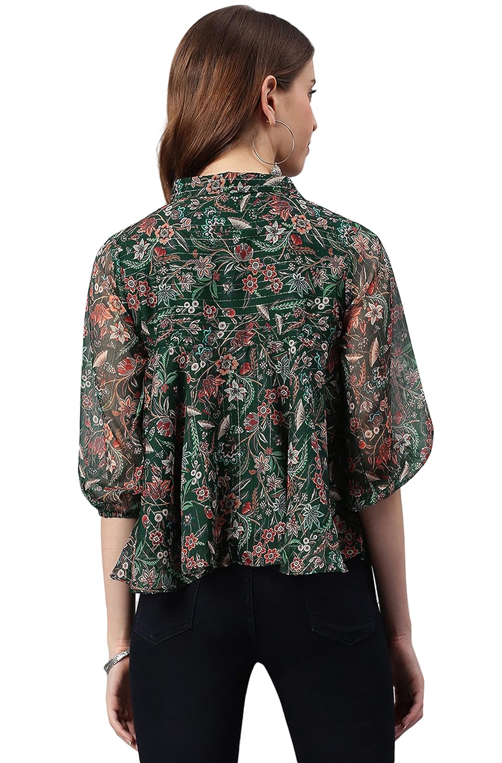 Janasya Women's Green Poly Georgette Floral Print Regular Top