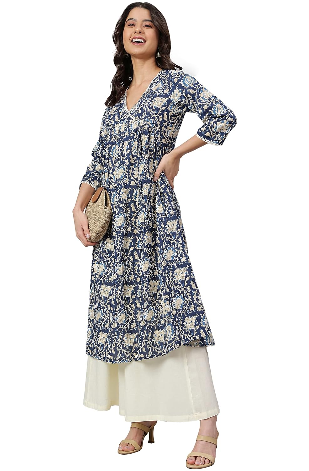 Janasya Women's Navy Blue Cotton Floral Print Flared Kurta