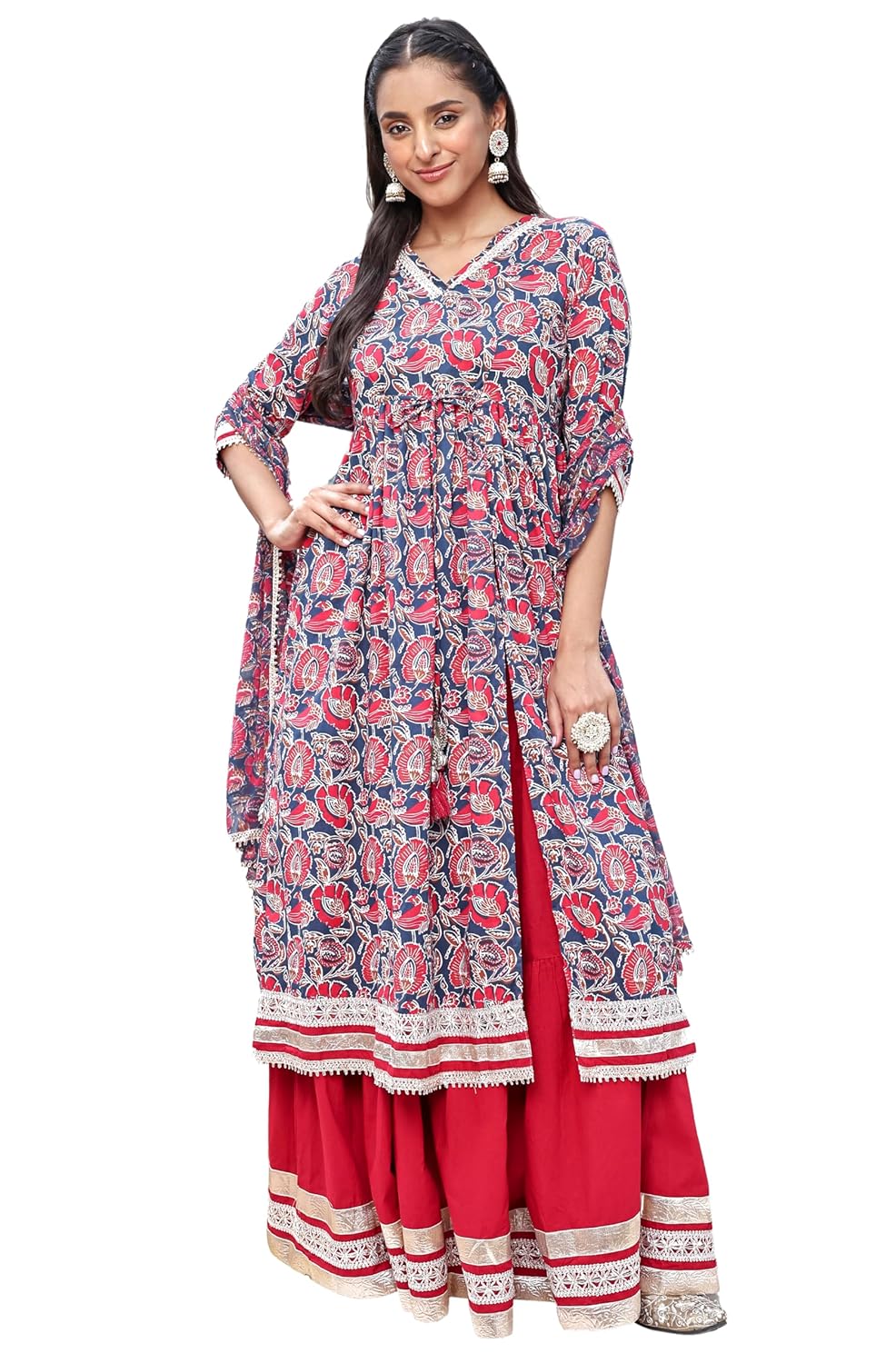 Janasya Women's Blue Cotton Floral Printed Kurta with Skirt and Dupatta