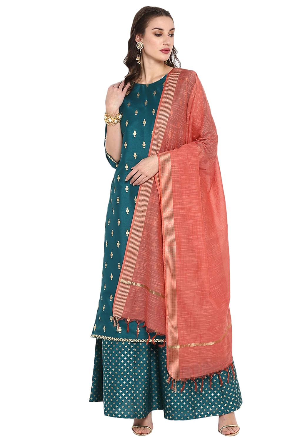 Janasya Women's Peacock Green Poly Silk Gold Print Kurta with Palazzo and Dupatta