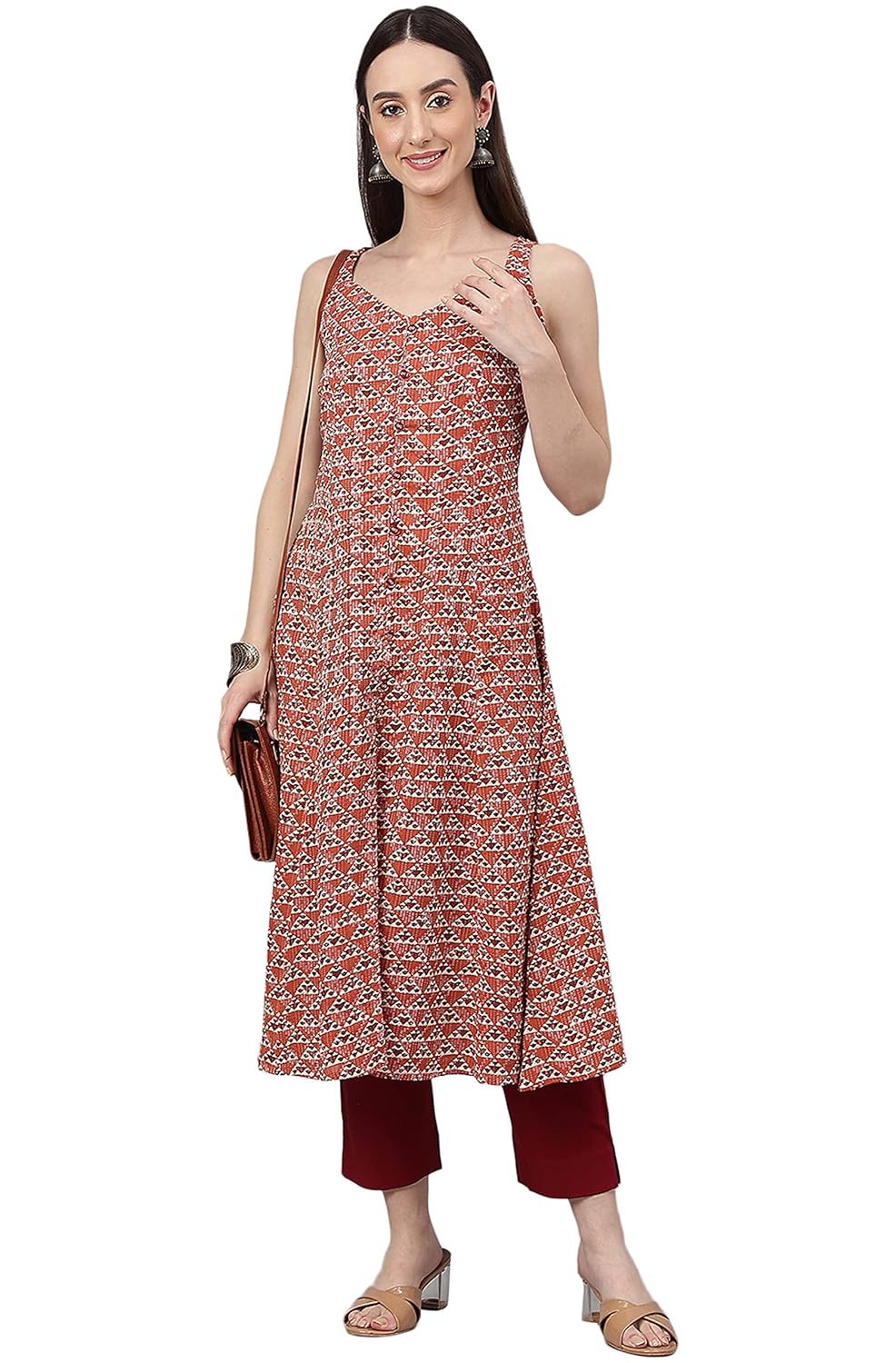 Janasya Women's Rust Cotton Geometric A-line Kurta