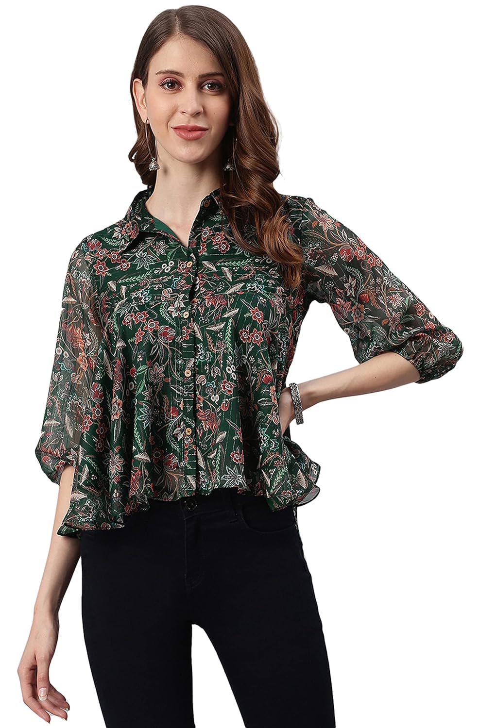Janasya Women's Green Poly Georgette Floral Print Regular Top