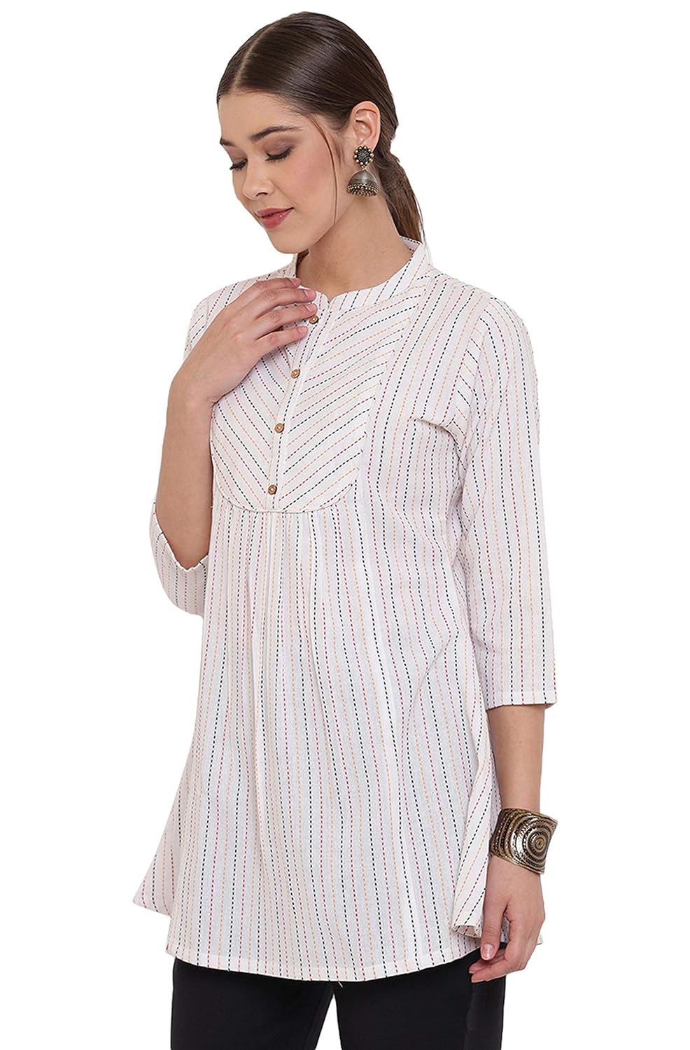 Janasya Women's White Weaved Cotton A-Line Top