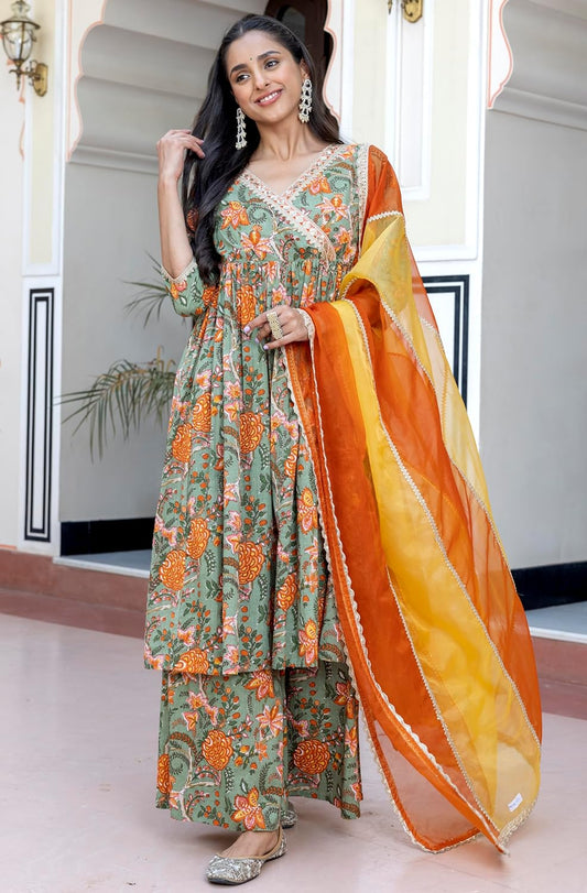 Janasya Women's Green Cotton Embellished Ethnic Printed Kurta with Flared Palazzo and Dupatta - XL