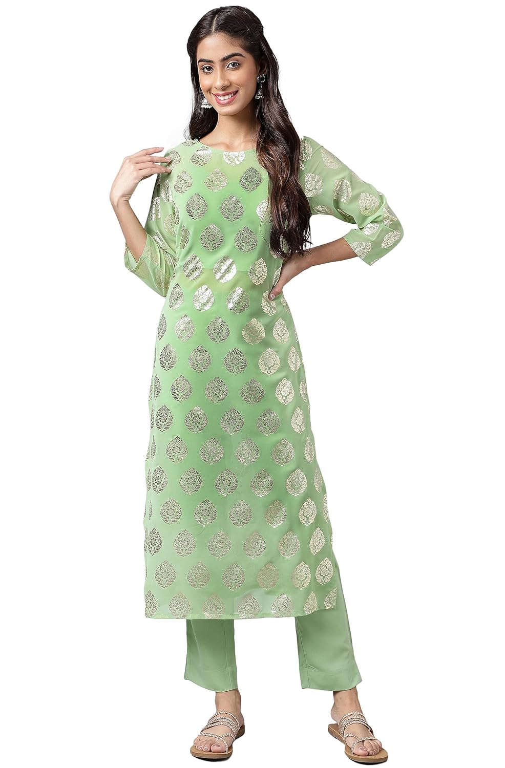 Janasya Women's Light Green Georgette Foil Printed Kurta with Pants and Crop top