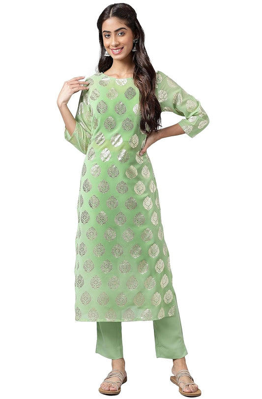 Janasya Women's Light Green Georgette Foil Printed Kurta with Pants and Crop top