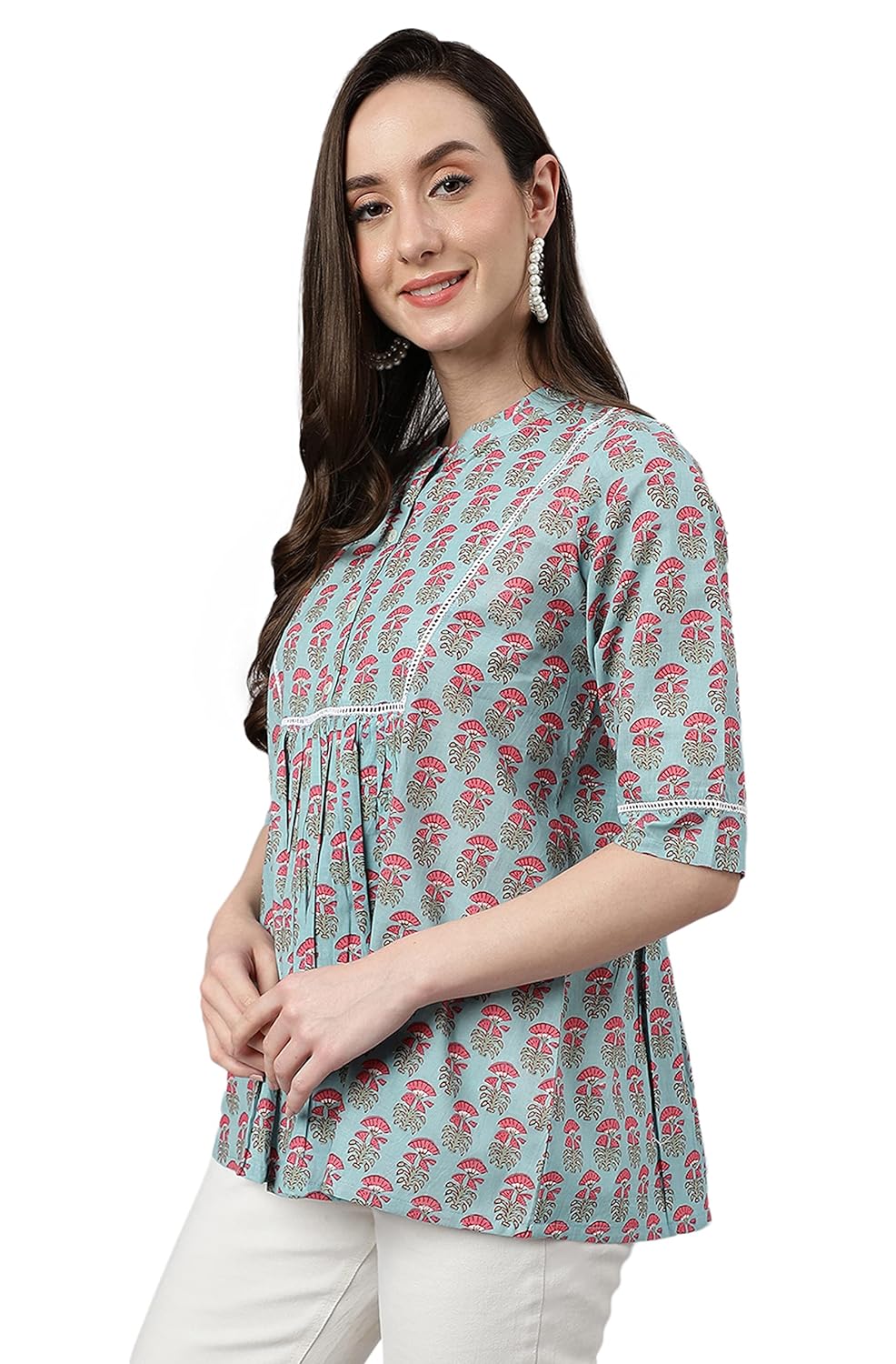 Janasya Women's Aqua Blue Cotton Block Print A-Line Top