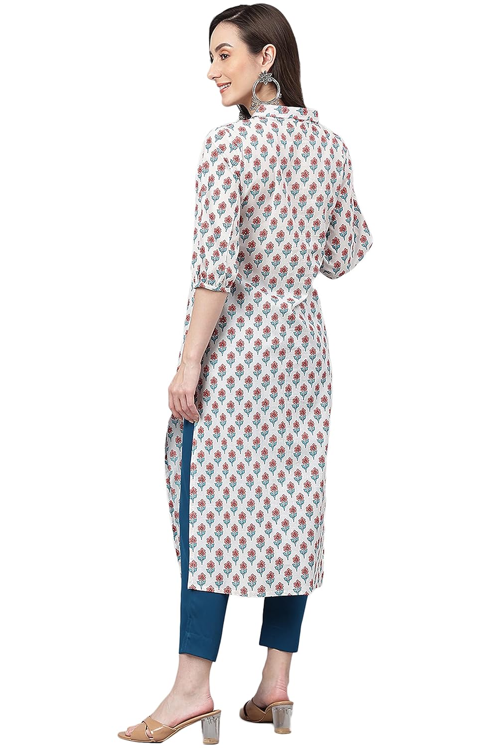 Janasya Women's White Cotton Floral Print Straight Kurta