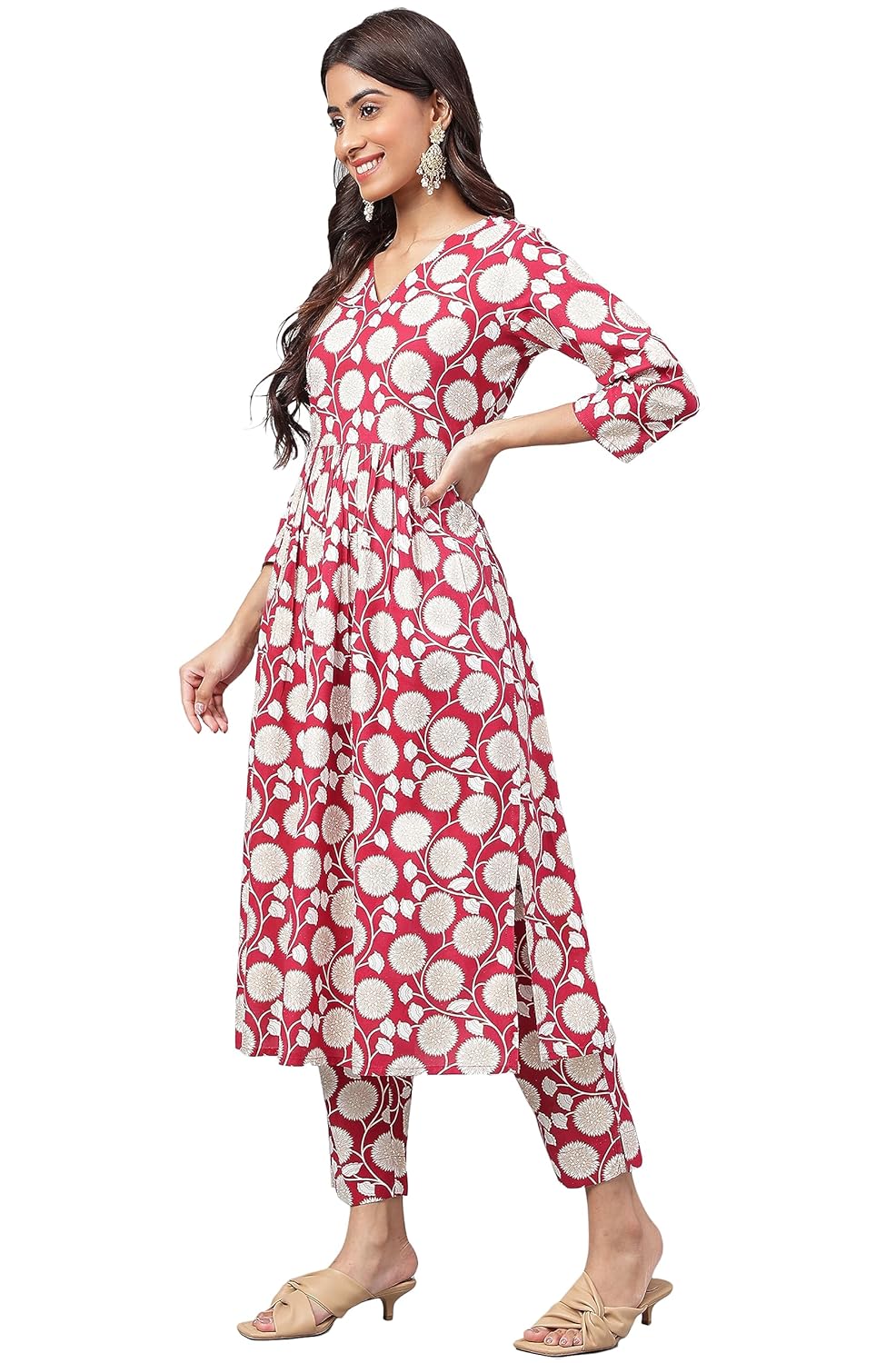 Janasya Women's Maroon Cotton Floral Printed Co-ords Set