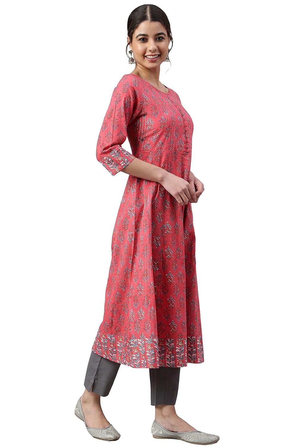 Janasya Women's Coral Cotton Floral Print A-line Kurta