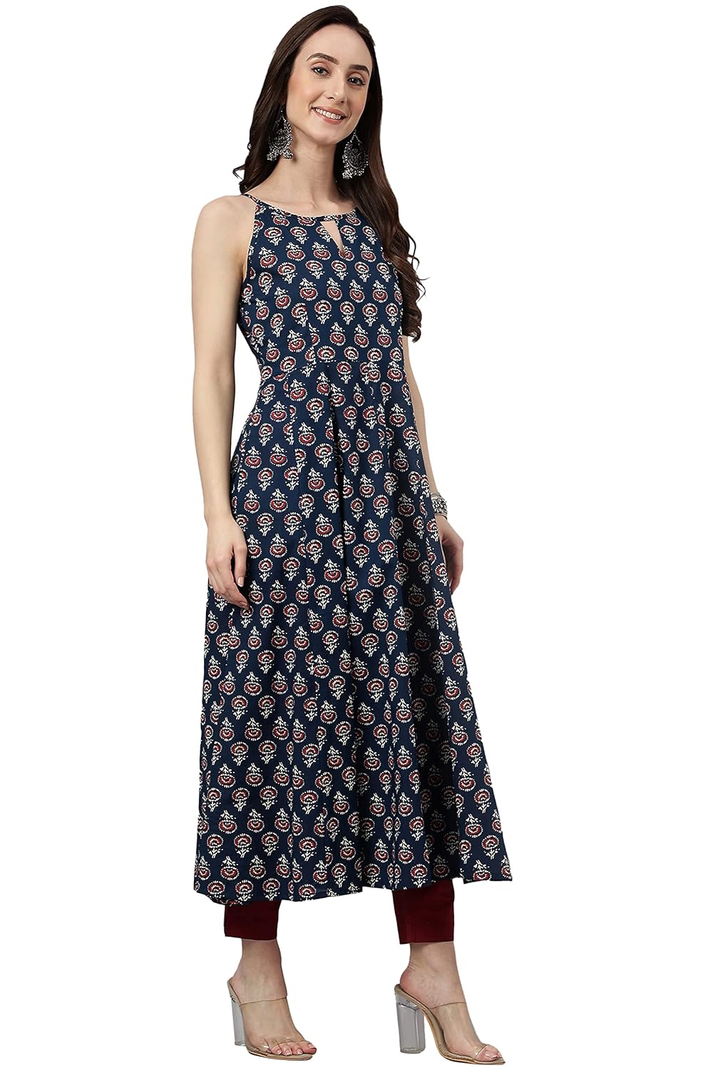 Janasya Women's Navy Blue Cotton Botanical Print Anarkali Kurta