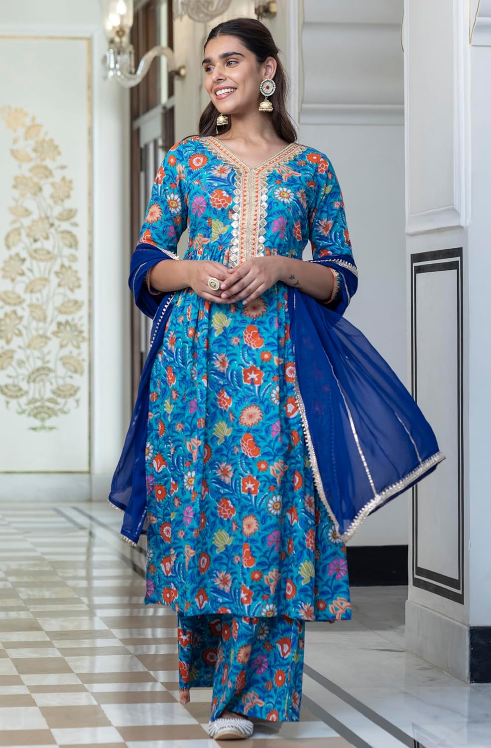 Janasya Women's Sky Blue Cotton Embellished Ethnic Printed Kurta with Flared Palazzo and Dupatta
