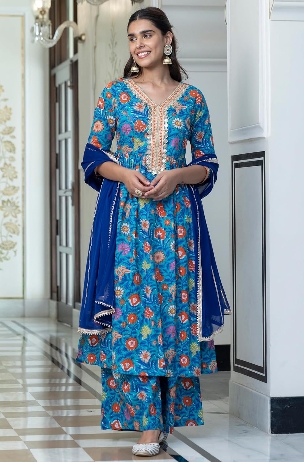 Janasya Women's Sky Blue Cotton Embellished Ethnic Printed Kurta with Flared Palazzo and Dupatta