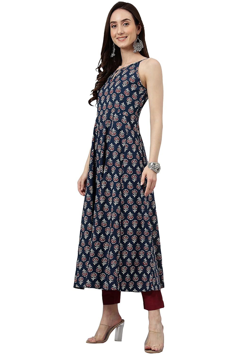 Janasya Women's Navy Blue Cotton Botanical Print Anarkali Kurta