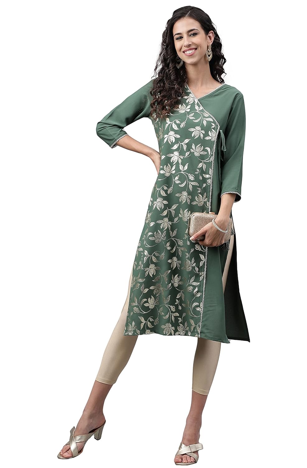 Janasya Women's Green Crepe Foil Printed Angrakha Kurta