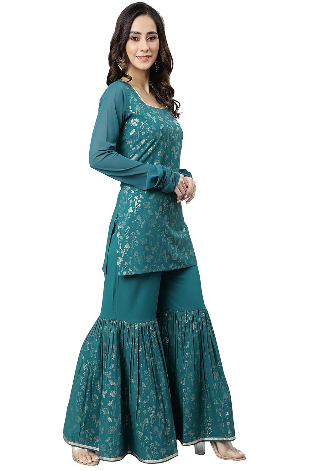 Janasya Women's Teal Crepe Gold Print Kurta with Gharara
