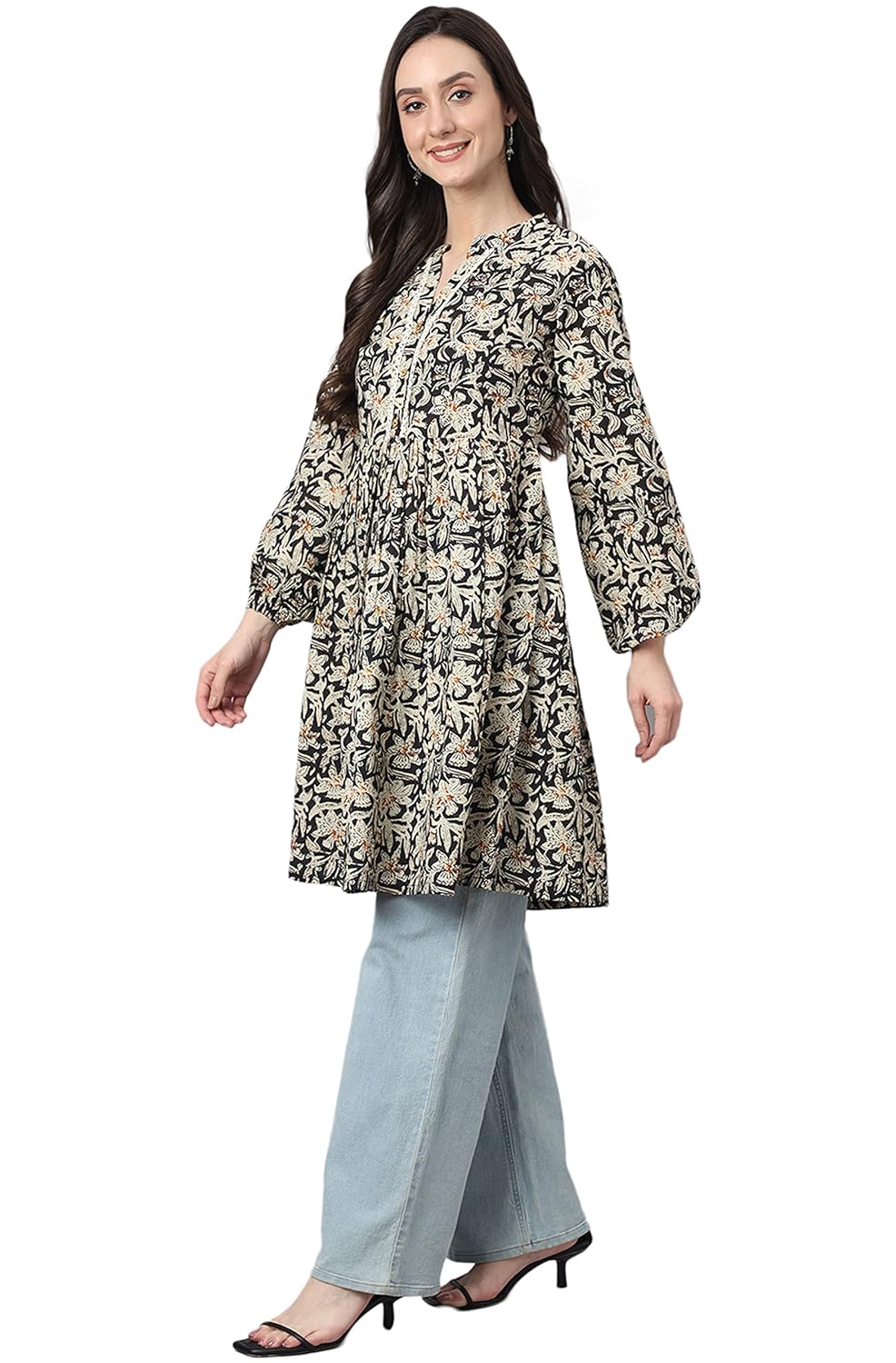 Janasya Women's Black Cotton Floral Print Flared Tunic