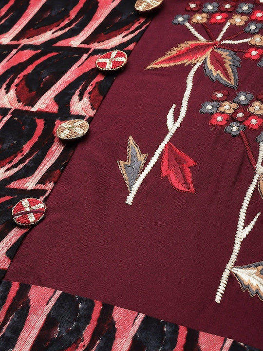 Sangria Women Burgundy & Peach-Coloured Geometric Embroidered Bell Sleeves Kurta