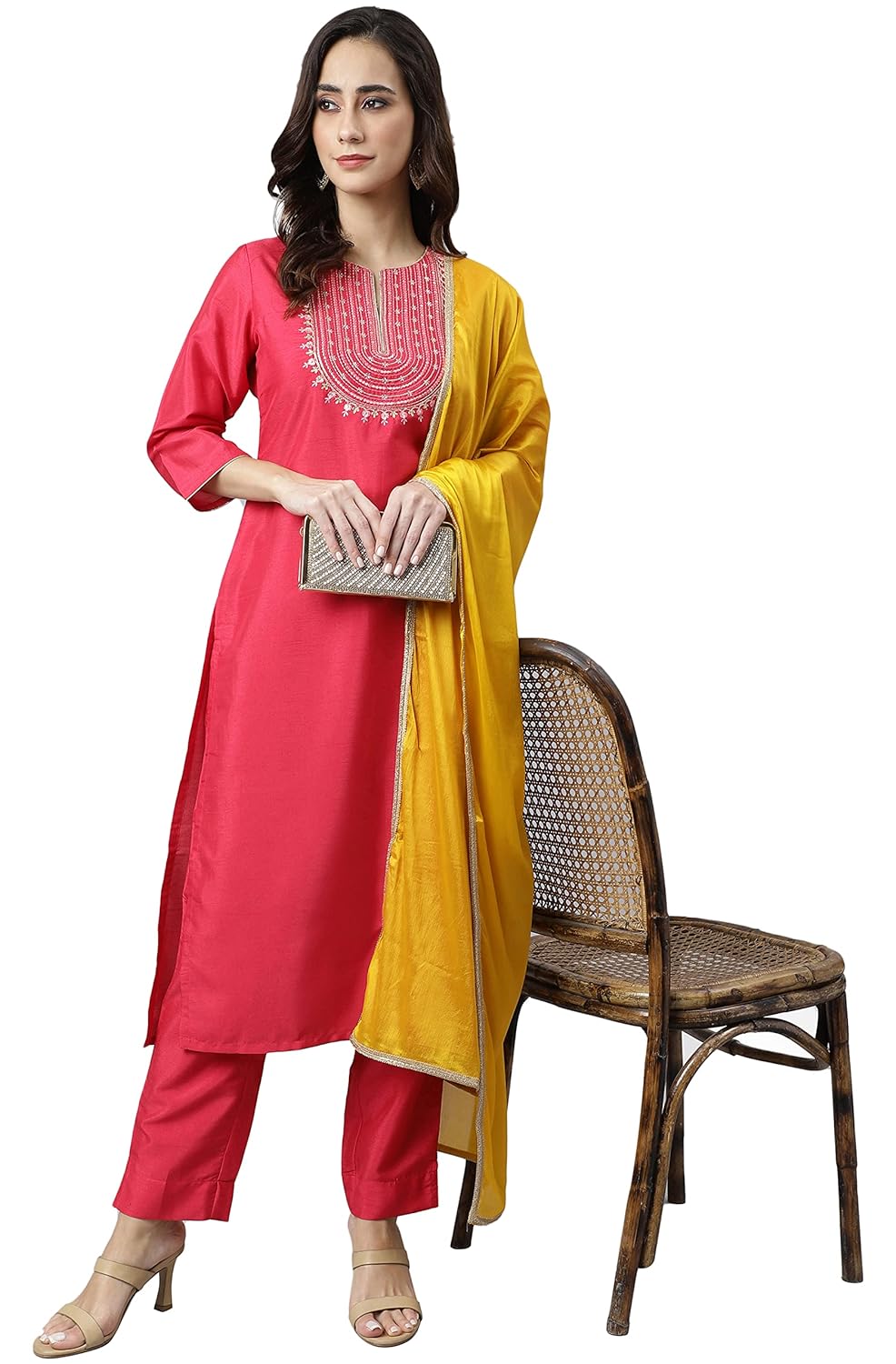 Janasya Women's Pink Poly Silk Solid Kurta with Pant and Dupatta