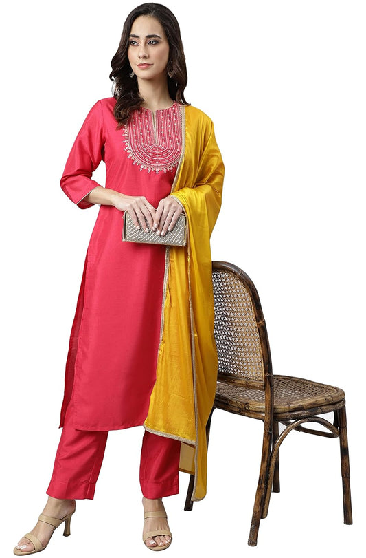 Janasya Women's Pink Poly Silk Solid Kurta with Pant and Dupatta