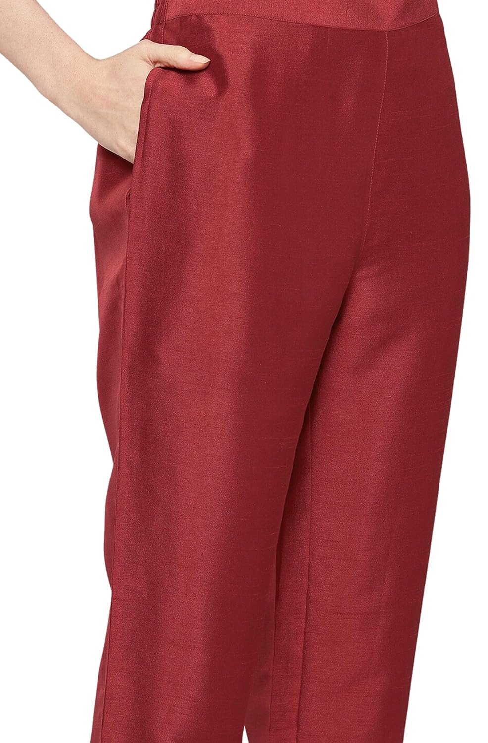 Janasya Women's Maroon Crepe Silk Yoke Embroidered Kurta with Pant and Dupatta