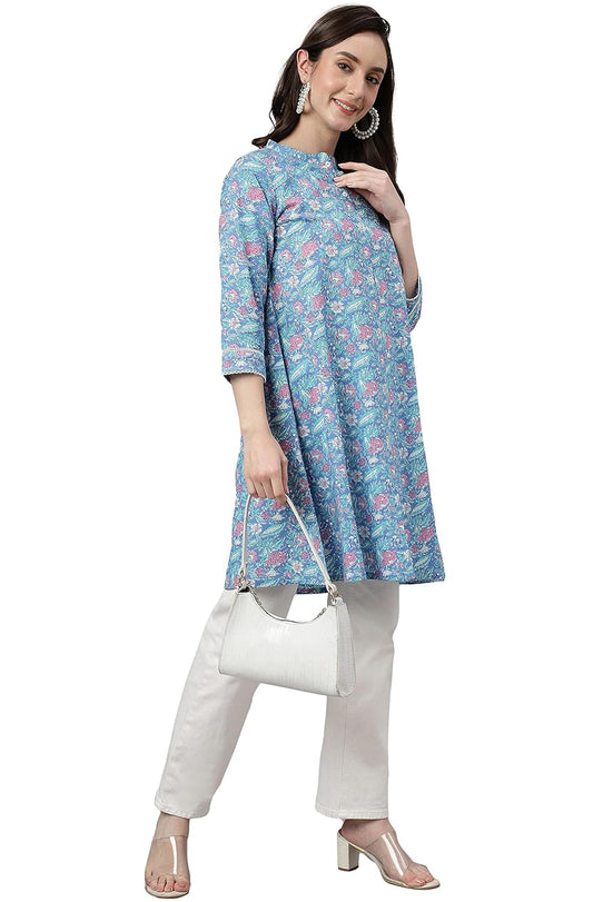 Janasya Women's Multicolor Cotton Botanical Print A-Line Tunic