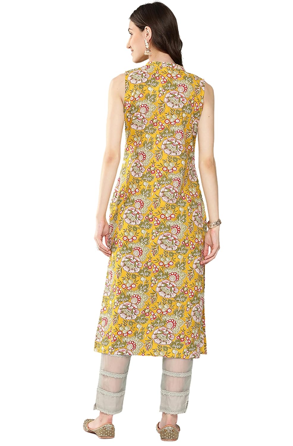 Janasya Women's Yellow Cotton Floral Printed Straight Kurta