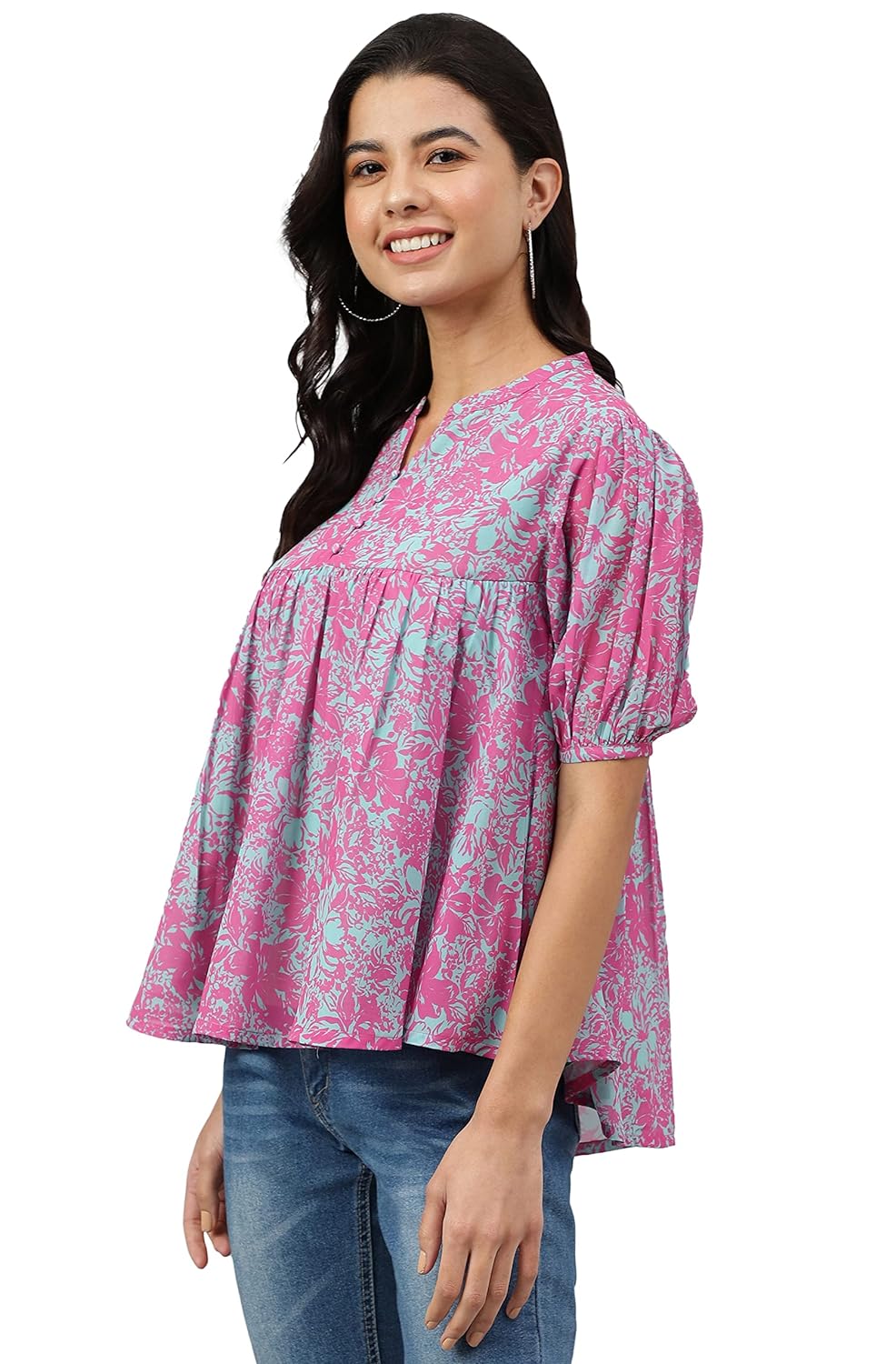Janasya Women's Pink Georgette Digital Print Flared Top