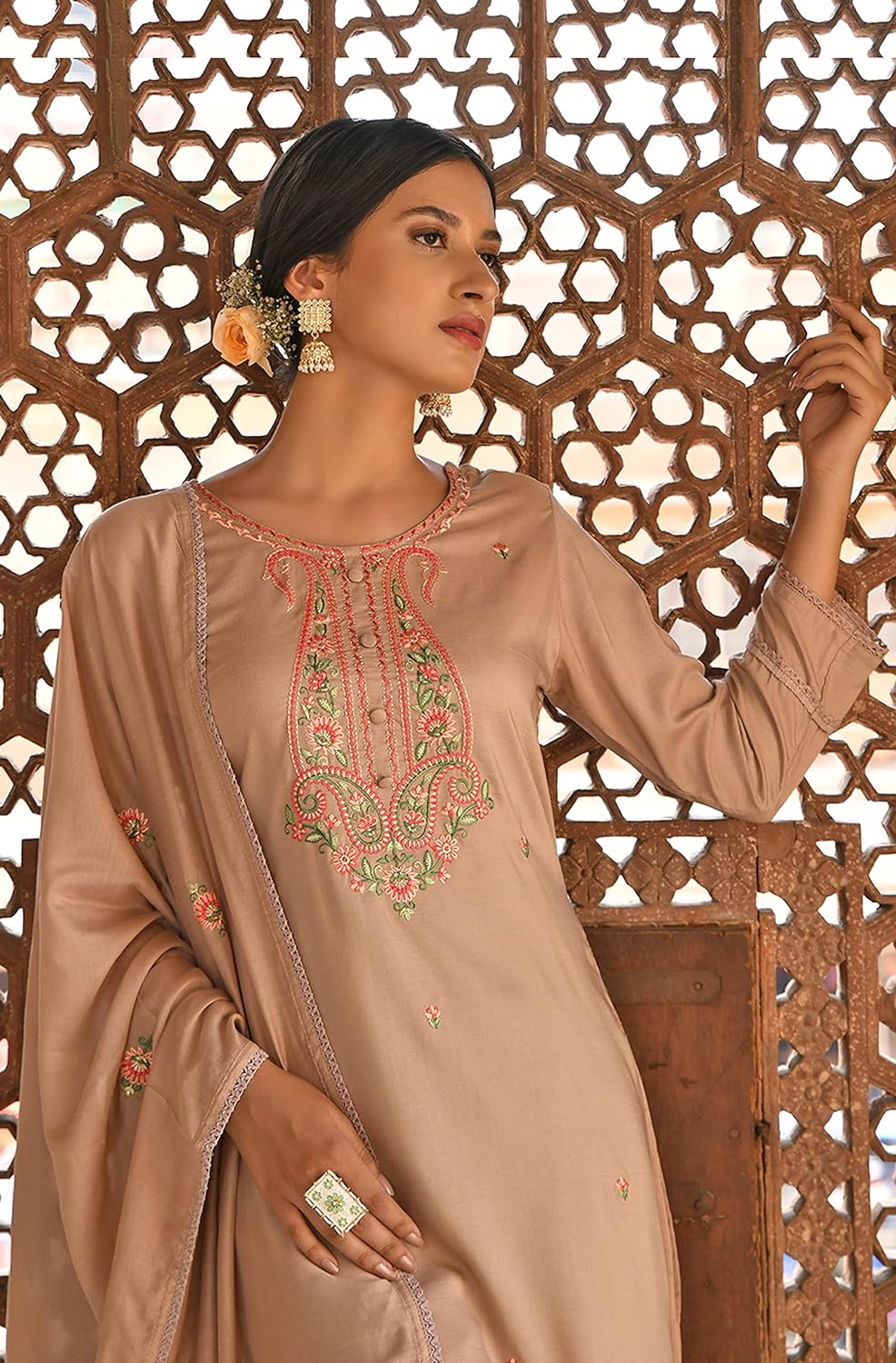 Janasya Women's Rose Gold Poly Silk Floral Embroidery Kurta with Pant and Dupatta