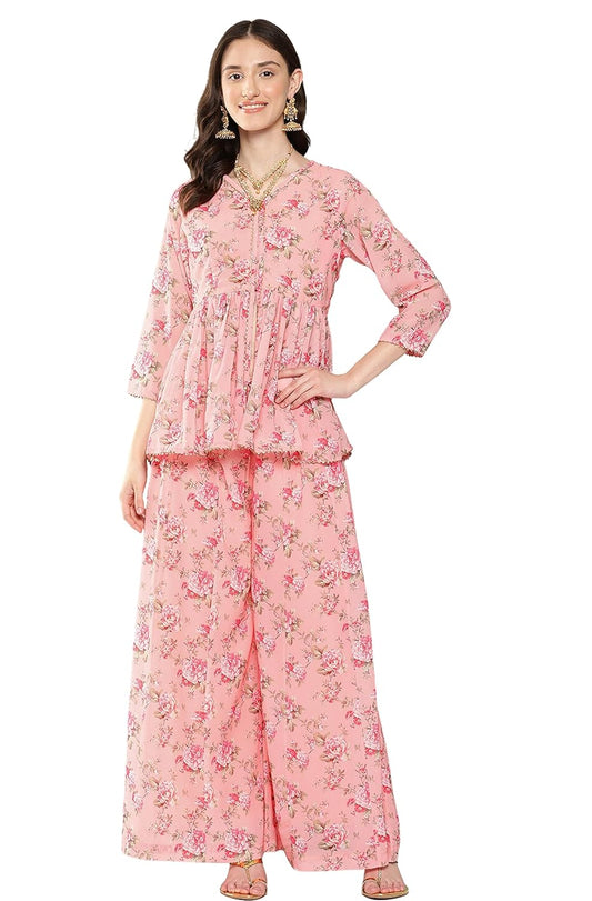Janasya Women's Peach Georgette Digital Floral Printed Co-ords Set