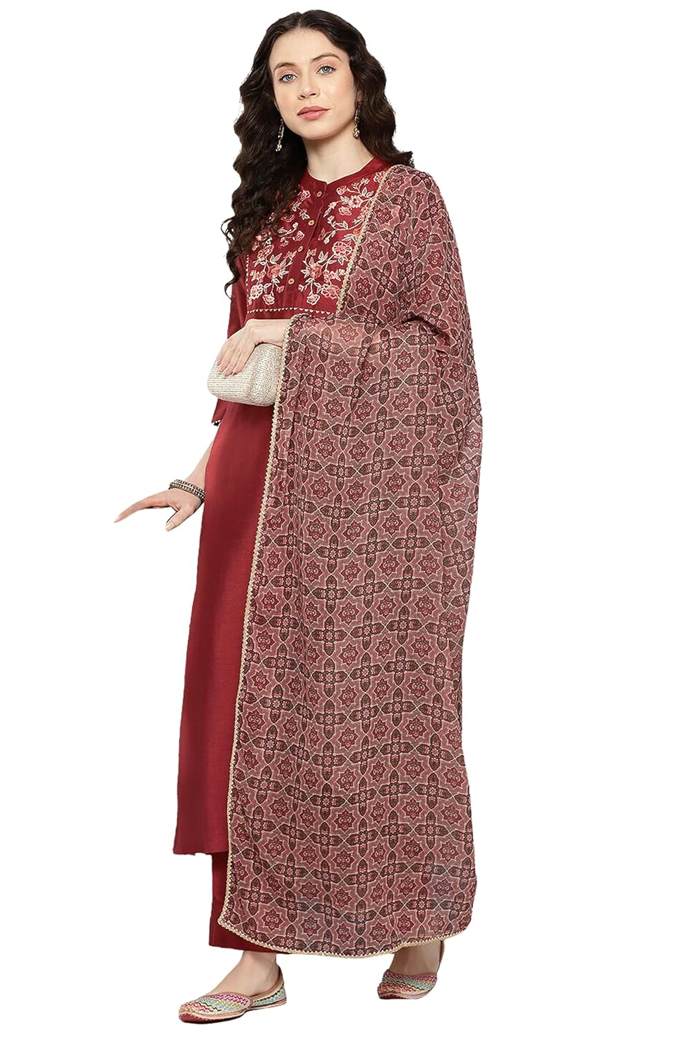 Janasya Women's Maroon Crepe Silk Yoke Embroidered Kurta with Pant and Dupatta