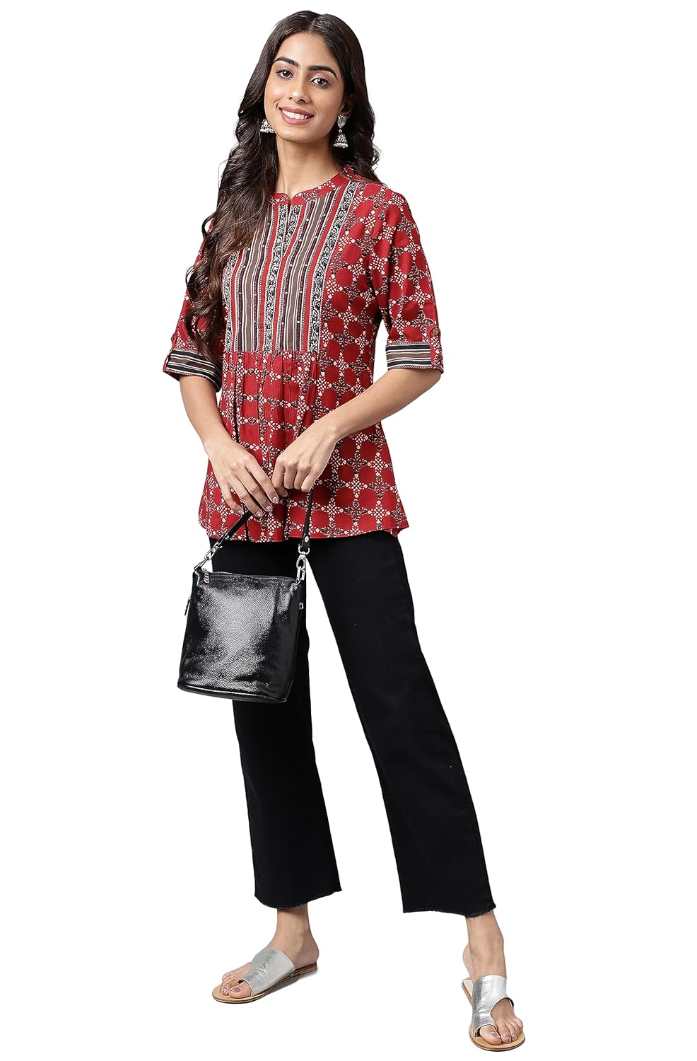 Janasya Women's Maroon Cotton Ethnic Motifs A-Line Top