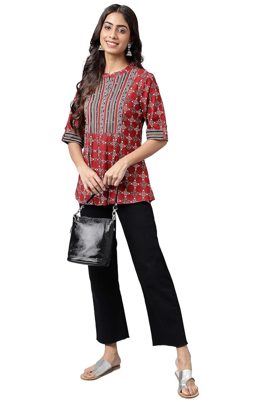 Janasya Women's Maroon Cotton Ethnic Motifs A-Line Top