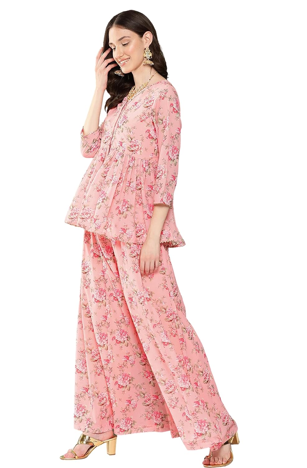 Janasya Women's Peach Georgette Digital Floral Printed Co-ords Set