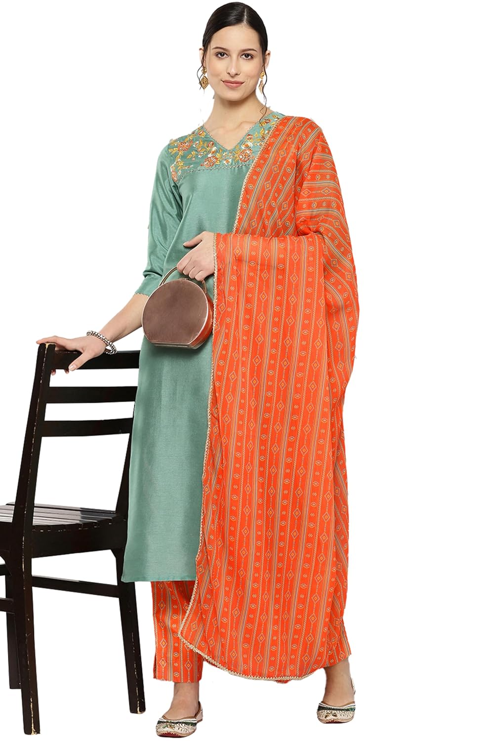 Janasya Women's Sage Green Crepe Silk Yoke Embroidered Solid Kurta with Pant and Dupatta