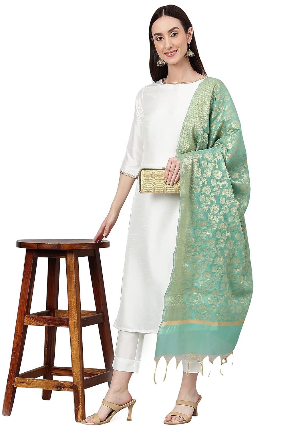Janasya Women's Off White Crepe Silk Solid Kurta with Pant and Dupatta