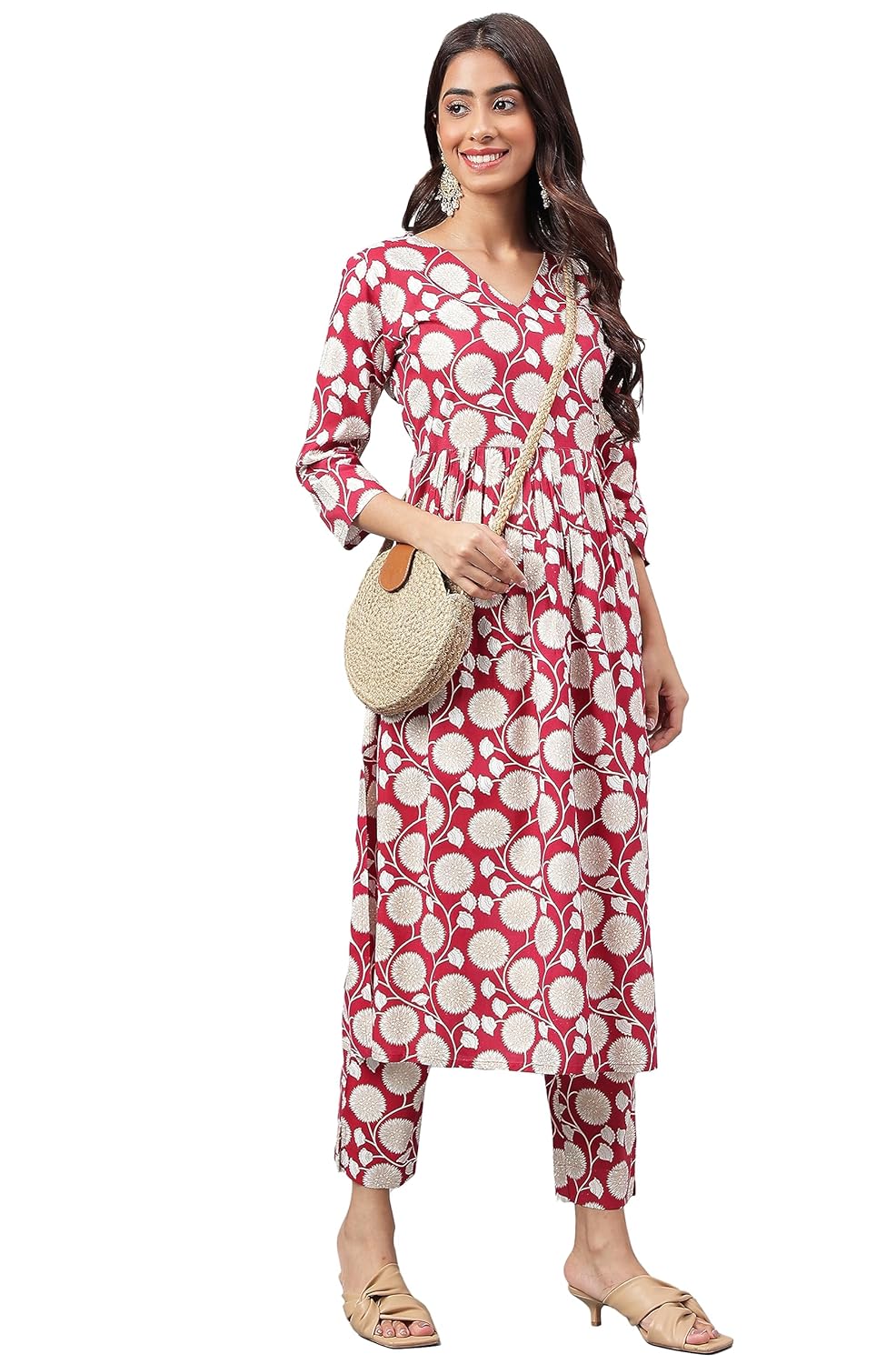 Janasya Women's Maroon Cotton Floral Printed Co-ords Set