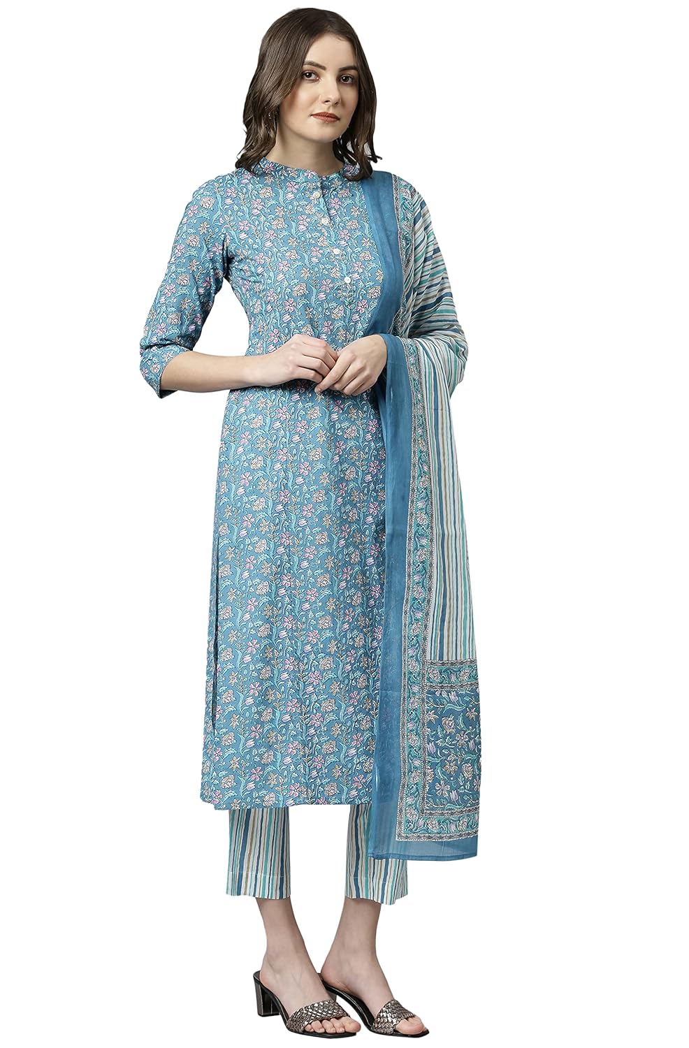 Janasya Women's Blue Cotton Kurta With Pant And Dupatta