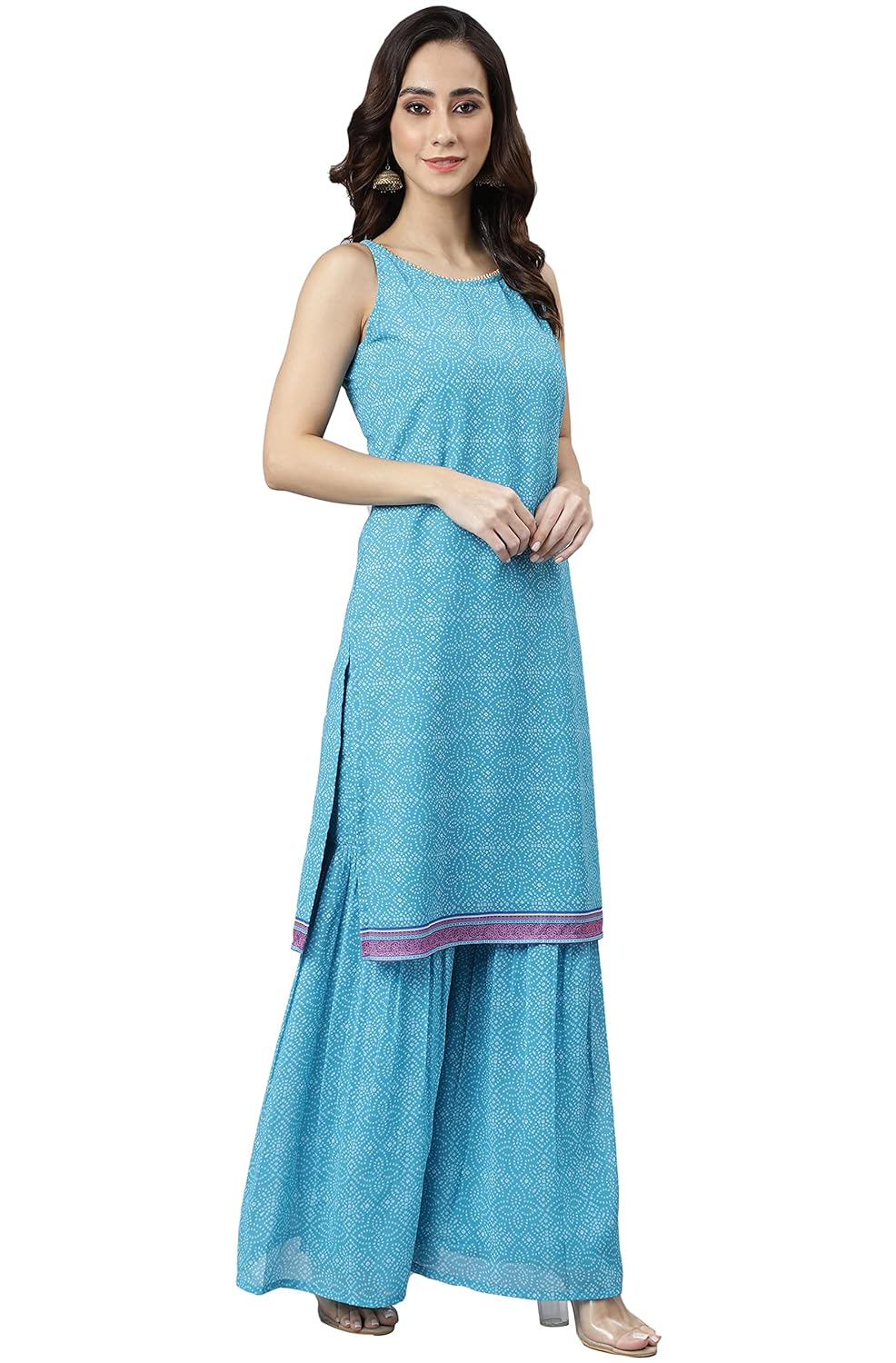 Janasya Women's Light Blue Georgette Bandhani Print Kurta with Sharara and Dupatta