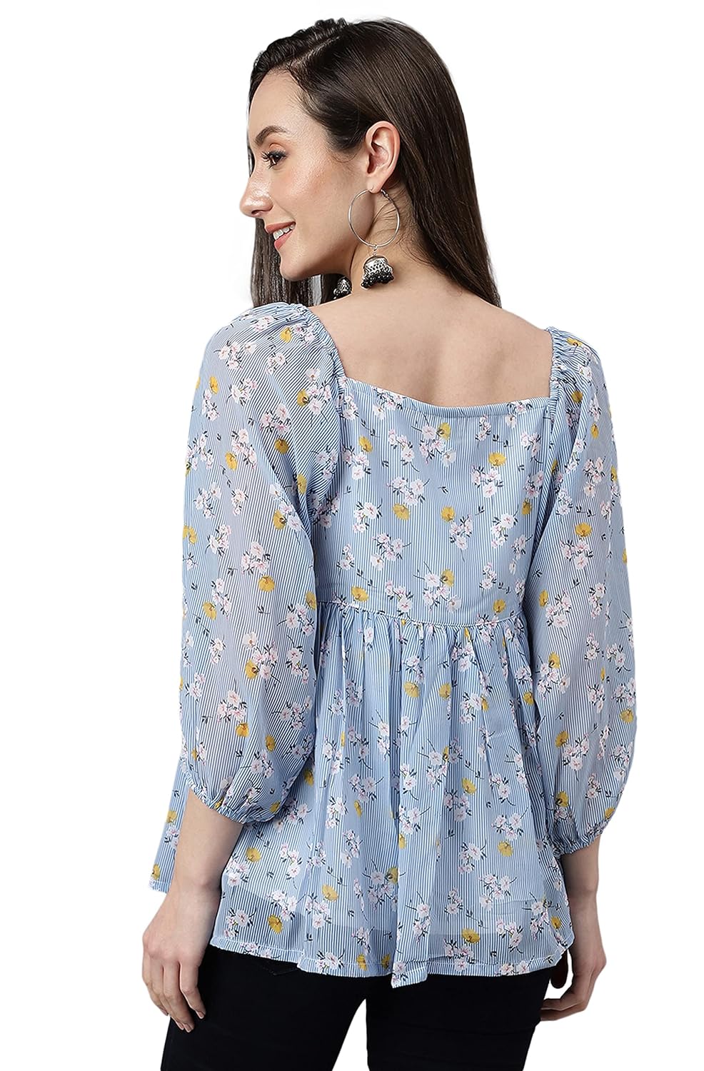 Janasya Women's Blue Georgette Floral Print Peplum Top