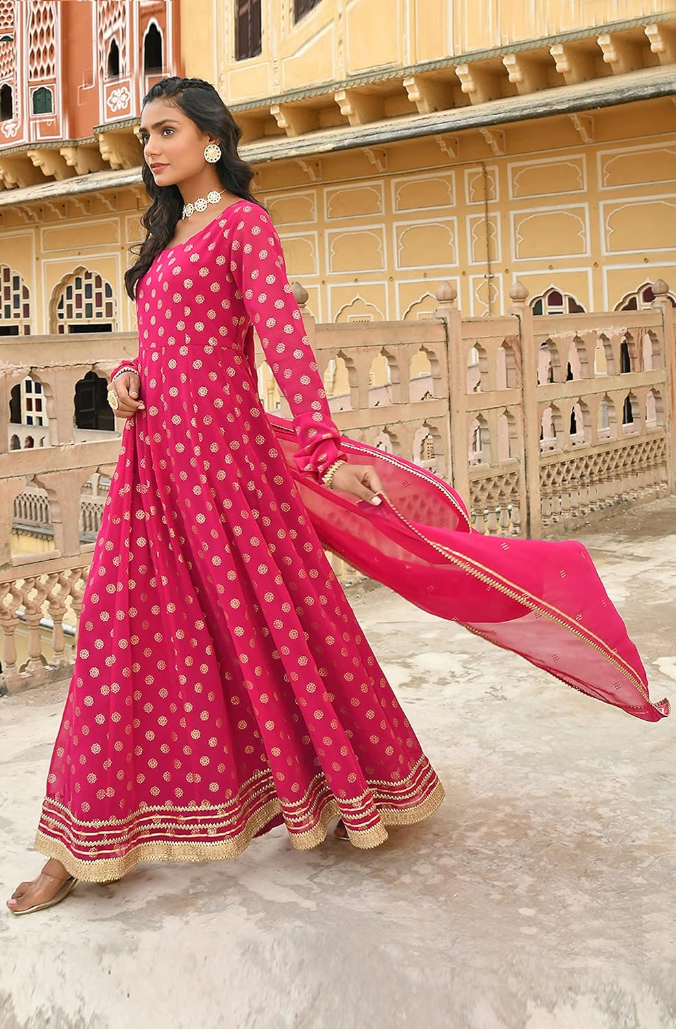 Janasya Women's Bright Pink Georgette Foil Print Kurta with Dupatta