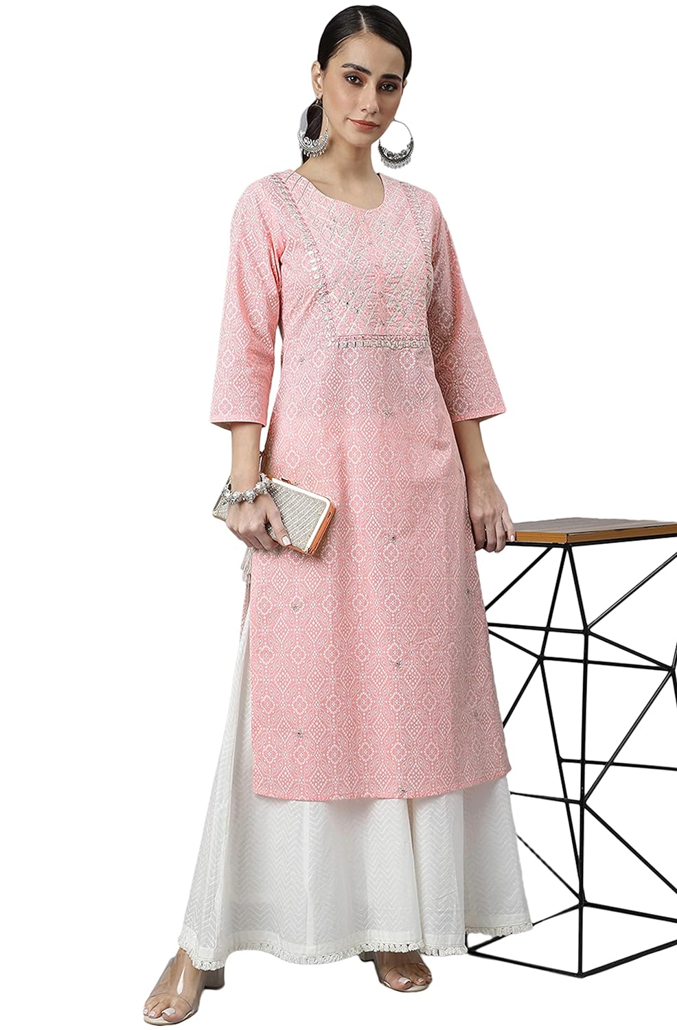 Janasya Women's Pink Cotton Bandhni Print Straight Kurta